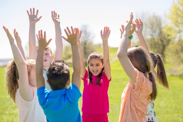 Группа детей весело провести время на поле руки высоко — стоковое фото