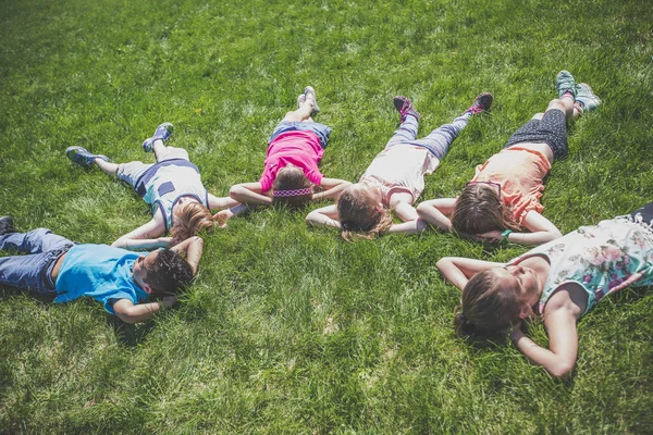 Grupp av vänner om i gräset — Stockfoto