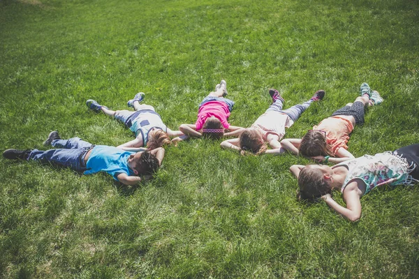 Gruppe von Freunden liegt im Gras — Stockfoto