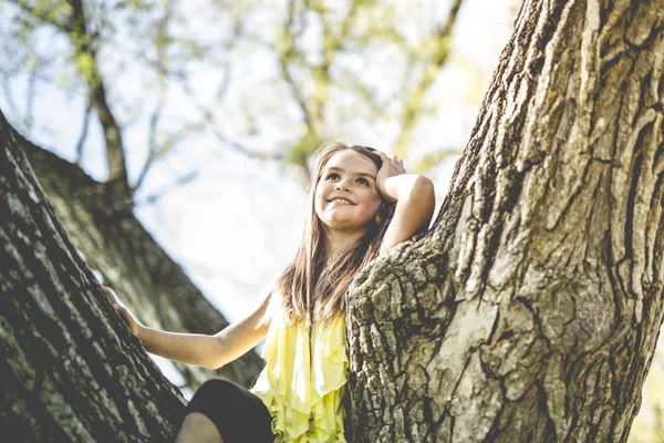 Porträt eines kleinen Mädchens auf einem schönen großen Baum — Stockfoto