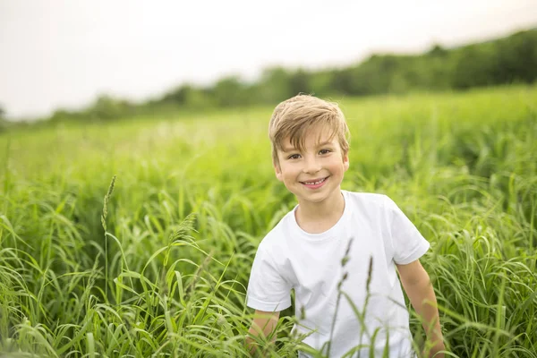 Joyeux garçon dans la prairie — Photo