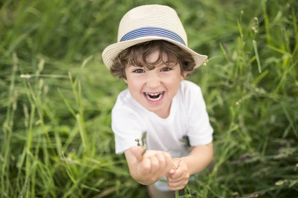 Portrét rozkošný dítě chlapce s kloboukem stojící na letní louka — Stock fotografie