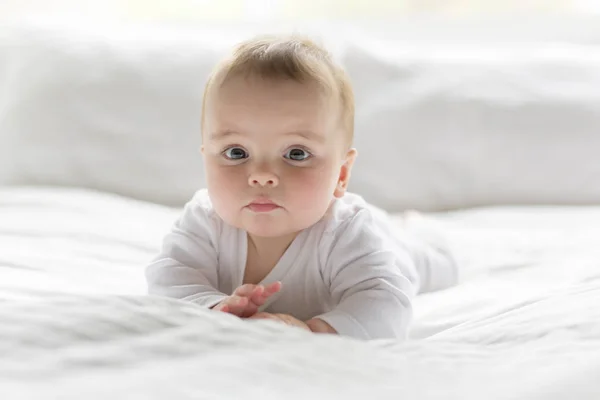 Cute szczęśliwy 7 miesięcy dziewczynka w pieluchy kłamie i gra — Zdjęcie stockowe