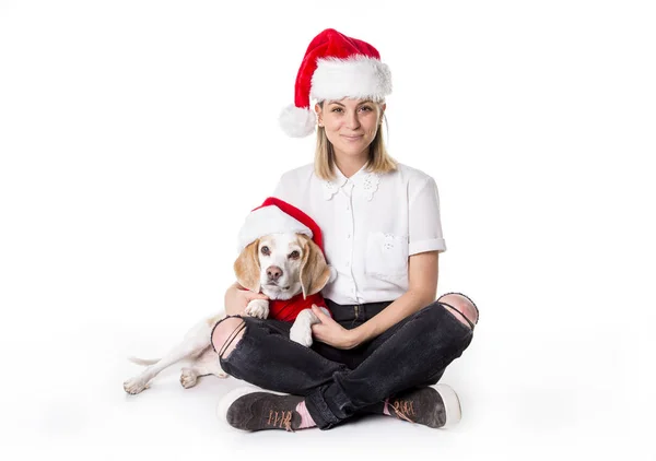 Beagle puppy and woman christmas on white background — Stock Photo, Image