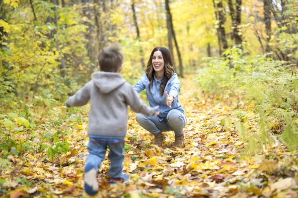 Mutter mit Sohn im Herbst im Wald — Stockfoto