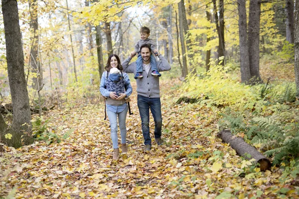 秋の公園で楽しんでゴールデン フォーリーブスの家族 — ストック写真