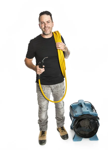 A ventilation cleaner man at work with tool over white background — Stock Photo, Image
