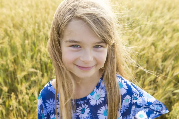 En söt liten flicka som leker på vetefältet en varm sommardag — Stockfoto