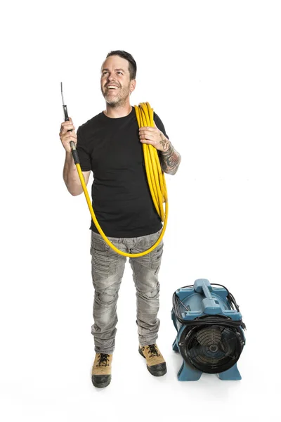 A ventilation cleaner man at work with tool over white background — Stock Photo, Image