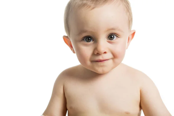 Criança infantil bebê criança feliz olhando para o canto isolado em um fundo branco — Fotografia de Stock