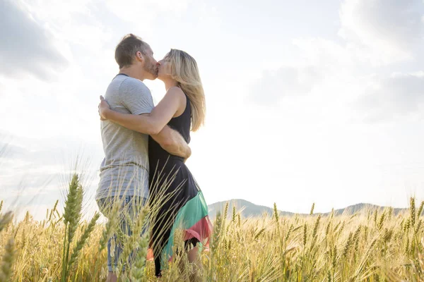 Young couple in a romantic place. Couple in love outdoors in a wheat field embracing — Stock Photo, Image