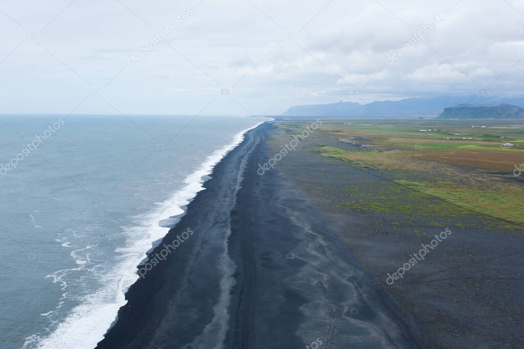 Reynisfjara lava beach view, south Iceland landscape. Vik black beach