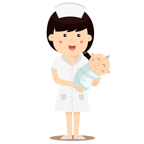 Ilustrador de enfermeira segurando bebê sorriso — Vetor de Stock