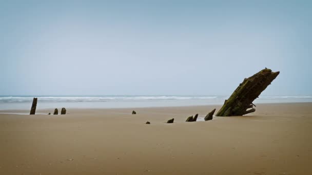 Stary wrak statku pochowany na plaży — Wideo stockowe