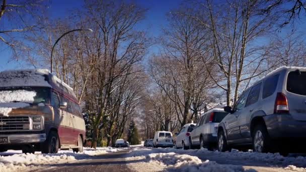 Güneşli bir gün yolda kar — Stok video