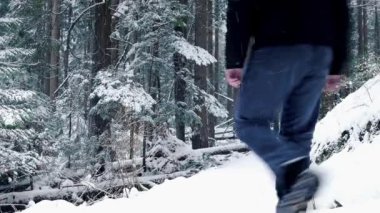 Adamın biri ormanda kar yağışı yol üzerinde girer