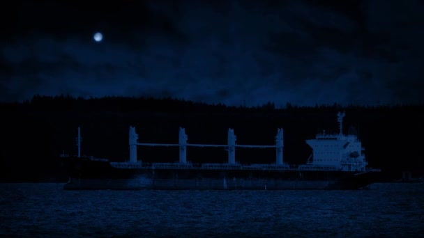Танкер пришвартовался в бухте ночью — стоковое видео