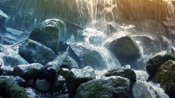 Moving Past Mountain Waterfall With Sun Flare — Stock Video