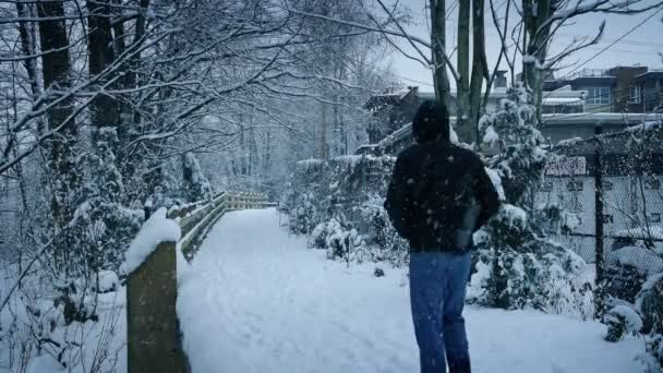 Людина ходить стежкою в снігопаді — стокове відео