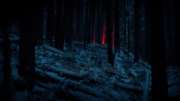 Roter Blitz erhellt verschneiten Wald in der Nacht — Stockvideo