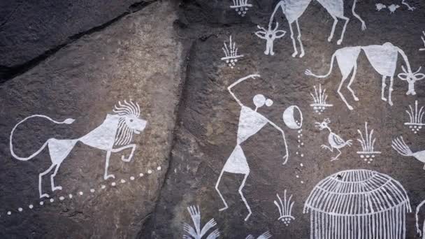 Pan over inheemse kunst op de rotswand — Stockvideo