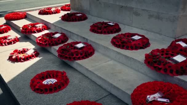 Pan Across Poppy Wreaths At War Memorial — Stock Video