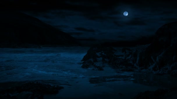 Las olas rompen en la playa rocosa a la luz de la luna — Vídeos de Stock