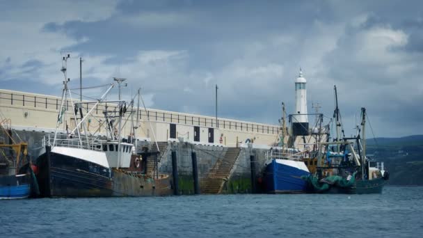 Barcos de pesca desgastados no porto — Vídeo de Stock