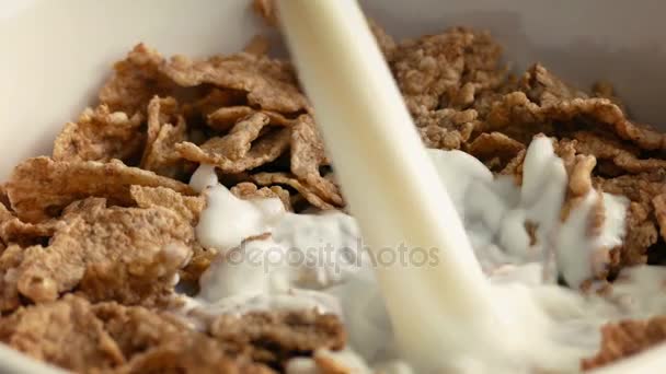 Milch Ergießt Sich Auf Müsli Nahaufnahme — Stockvideo