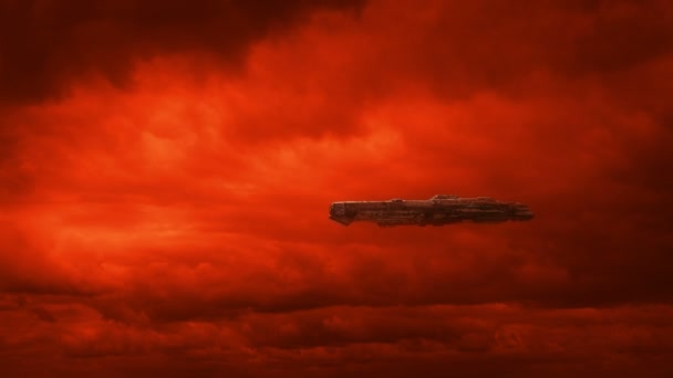 Grand vaisseau spatial dans la tempête de foudre sur la planète rouge 