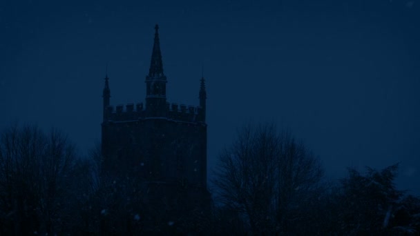 Igreja Queda Neve Tarde Noite — Vídeo de Stock