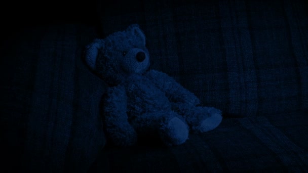 Vorbeifahrender Teddybär Nachts Auf Couch — Stockvideo