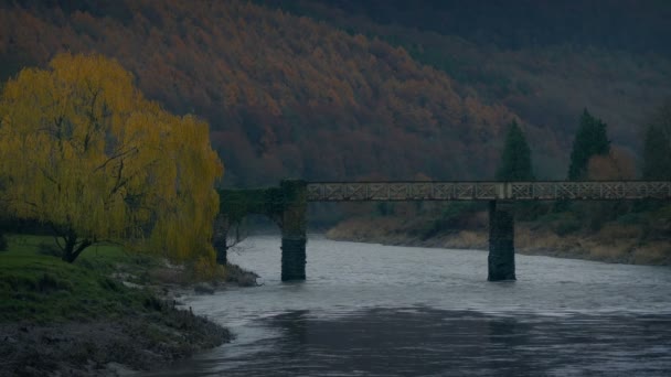 Starý Most Přes Řeku Barevném Podzimním Údolí — Stock video