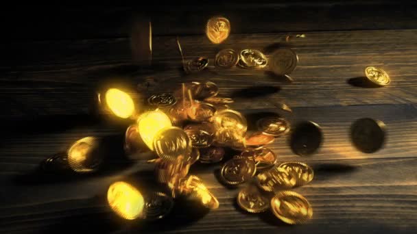 Monete Oro Incandescenti Versare Sulla Tabella — Video Stock