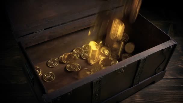 将Shiny Gold Coins注入Chest Fantasy设置 — 图库视频影像