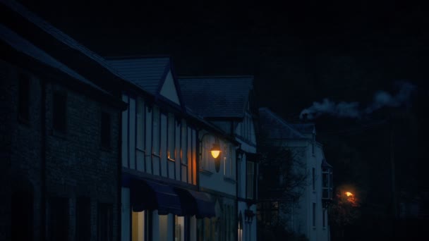 Village Storefronts Evening Smoking Chimney — Stock Video