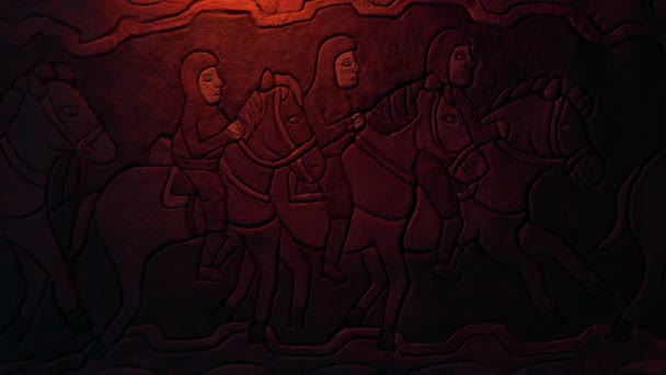 火の光の中で馬のライダー中世の壁アート — ストック動画