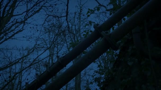 Karanlık Çöktüğünde Ürkütücü Ormandaki Eski Bina Borular — Stok video