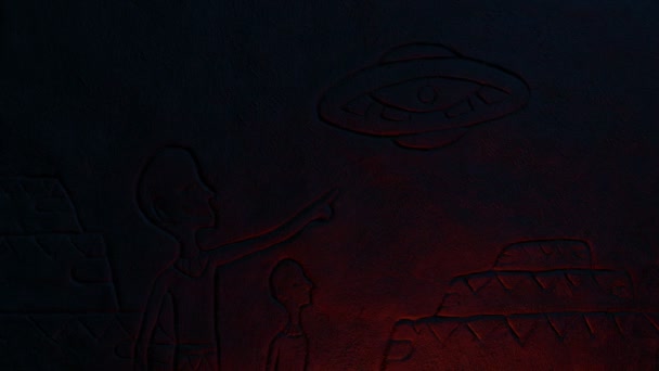 Ufo Πάνω Από Την Αρχαία Πόλη Σκάλισμα Στη Φωτιά Λάμψη — Αρχείο Βίντεο