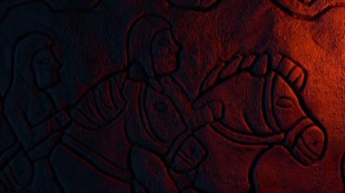 Mum ışığında atların üzerindeki adamların eski İngiliz oyması