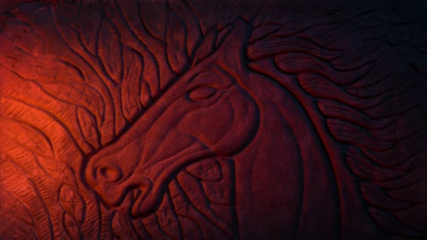 Horse Depiction Rock Carving Fire Glow — Stock Video