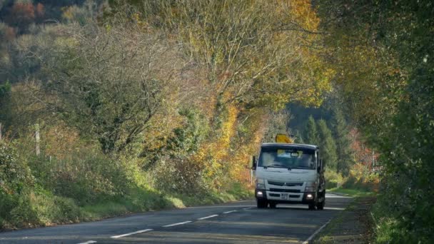 Van Voiture Passent Dans Zone Rurale Avec Des Feuilles Soufflant — Video