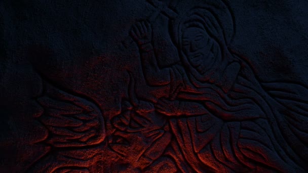Religious Carving Showing Catholic Saint Devil Lit — Stock Video