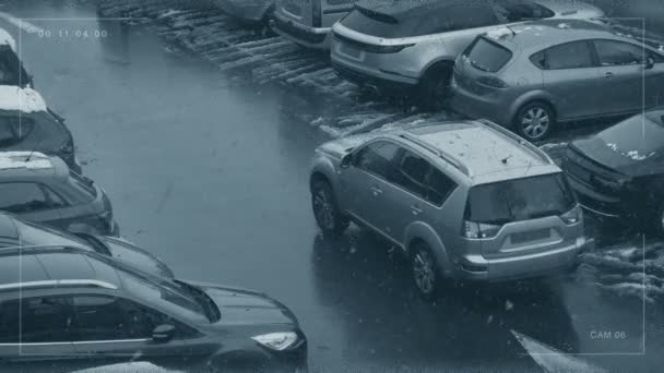 Автомобили Парковка Снегопад Cctv Выстрелов — стоковое видео