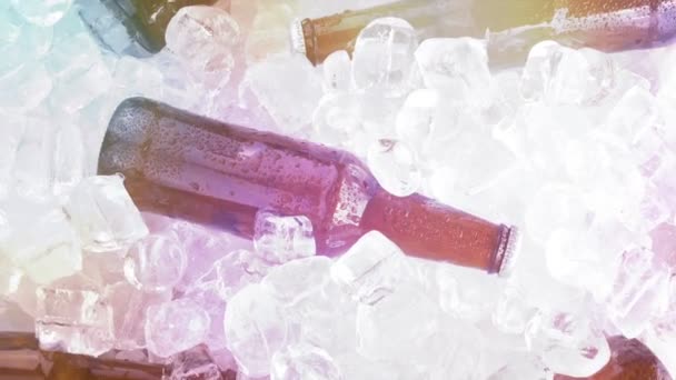 Bouteilles de bière réfrigérées sur glace dans des lumières colorées de club 