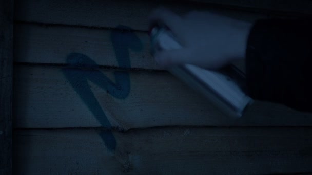 落書きは 夜のバンダリズムプロパティの損傷でフェンスにスプレー — ストック動画