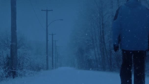 Homem Anda Queda Neve Pesada Noite — Vídeo de Stock