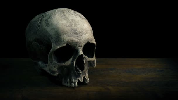 テーブルの上で古い頭蓋骨の移動ショット — ストック動画