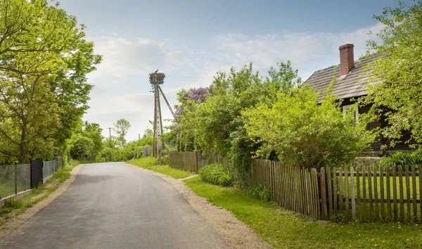 Gniazdo bociana na polskiej wsi w Biebrzańskiego Parku Narodowego — Zdjęcie stockowe