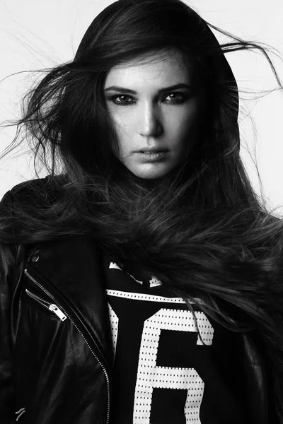 Sexy Girl Leather Jacket Studio — Stock Photo, Image